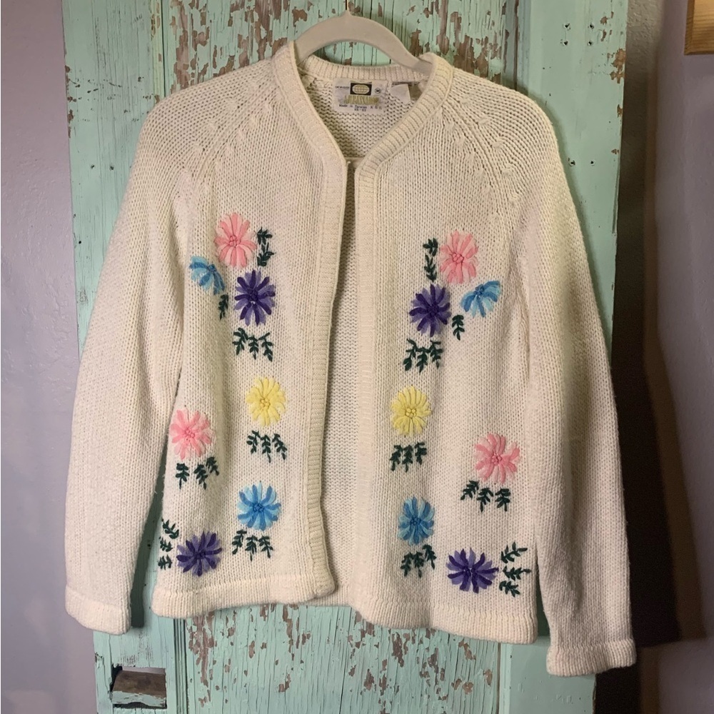 Women’s Ambassador cream colored cardigan with multi color floral embroidery